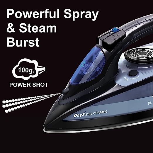 Inalsa Steam Iron Onyx 2200 Watt, Quick Heat Up with up to 30 g/min steam, 100 g steam Boost, Water Spray, Scratch Resistant Ceramic Soleplate, Vertical steam, Anti Drip & Anti Calc Functions. Inalsa Steam Iron Onyx 2200 Watt, Quick Heat Up with up to 30 g/min steam, 100 g steam Boost, Water Spray, Scratch Resistant Ceramic Soleplate, Vertical steam, Anti Drip & Anti Calc Functions.